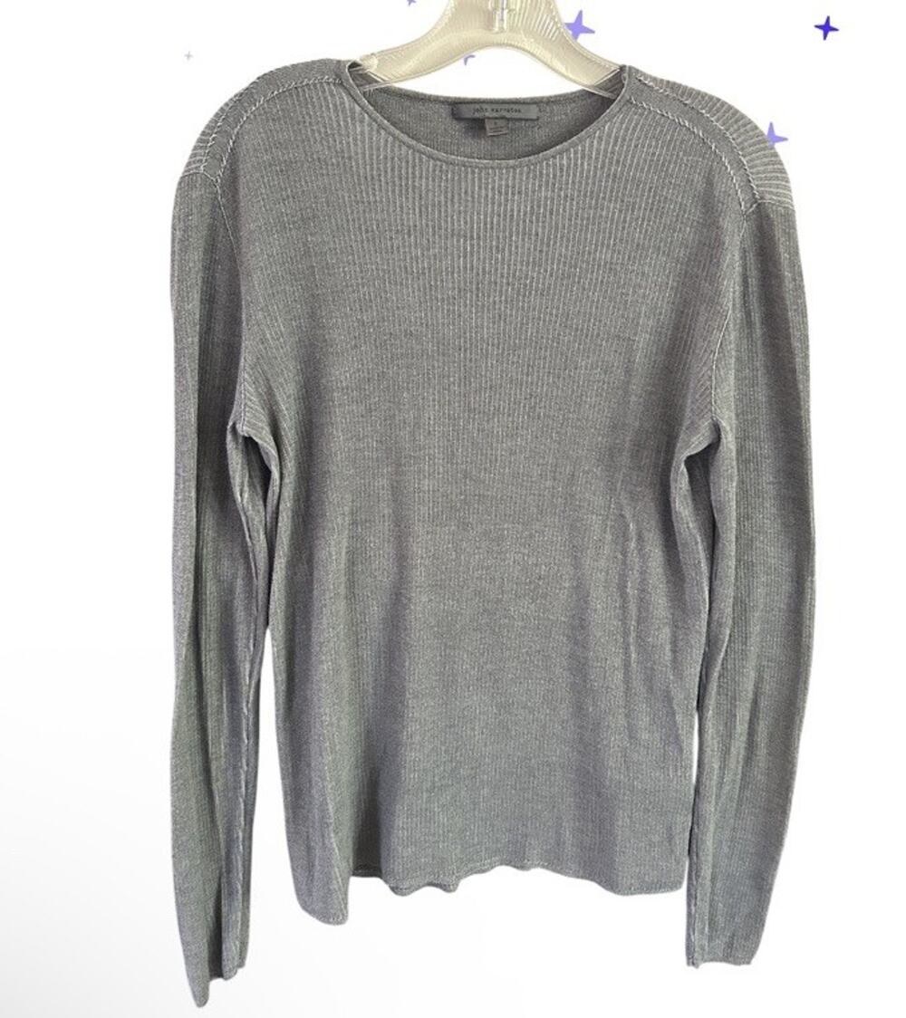 John Varvatos Mens Grey Silk Cotton Ribbed Long Sleeve Sweater S Pullover V-Neck